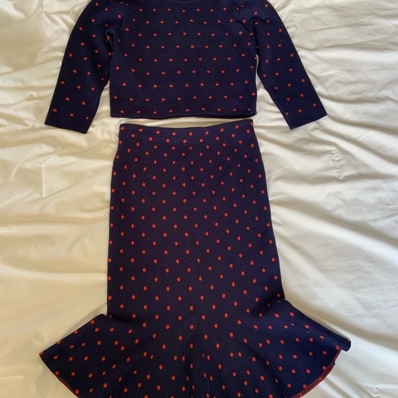 OXYGENE Two-Piece Knit Crop Top and Trumpet Skirt Set in Navy and Red Polka Dot - Picture 8 of 16